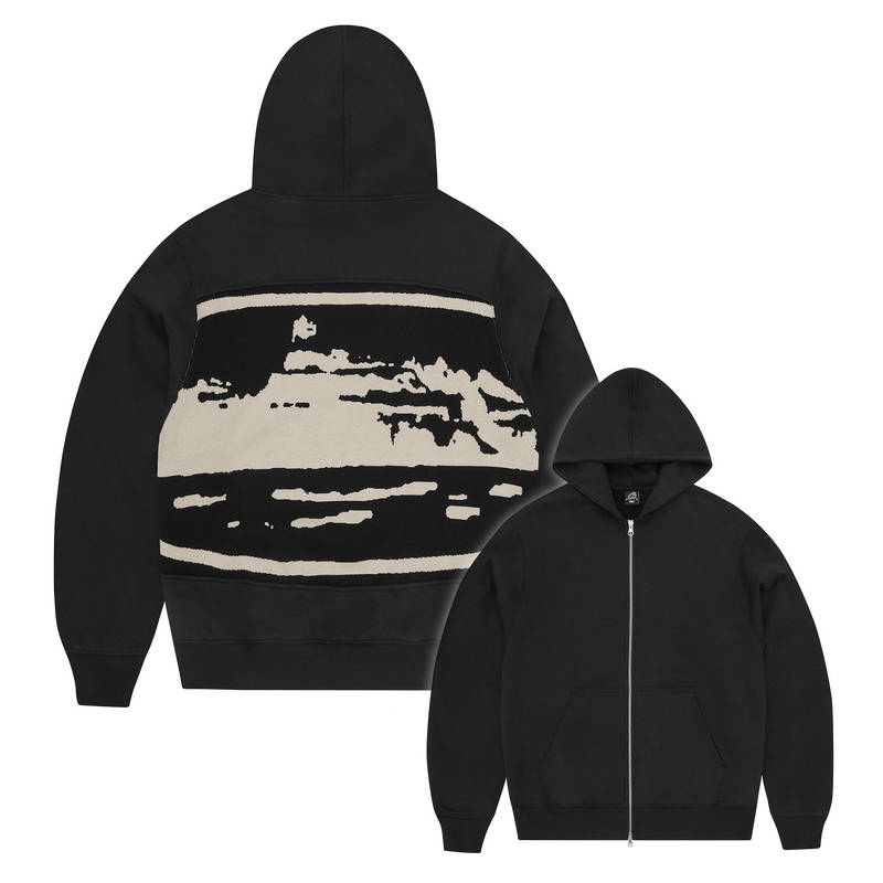 ISLAND MIXED PANEL ZIP HOODIE [BLACK]